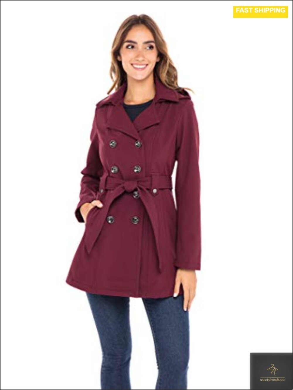 Women's Water-Resistant Double-Breasted Trench Coat with Detachable Hood